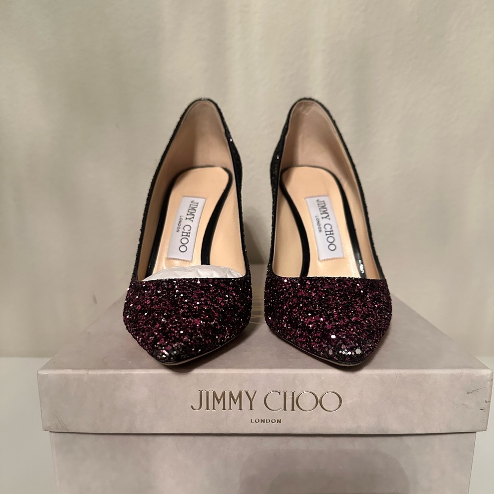 Jimmy Choo Black and Purple Glitter Heels
